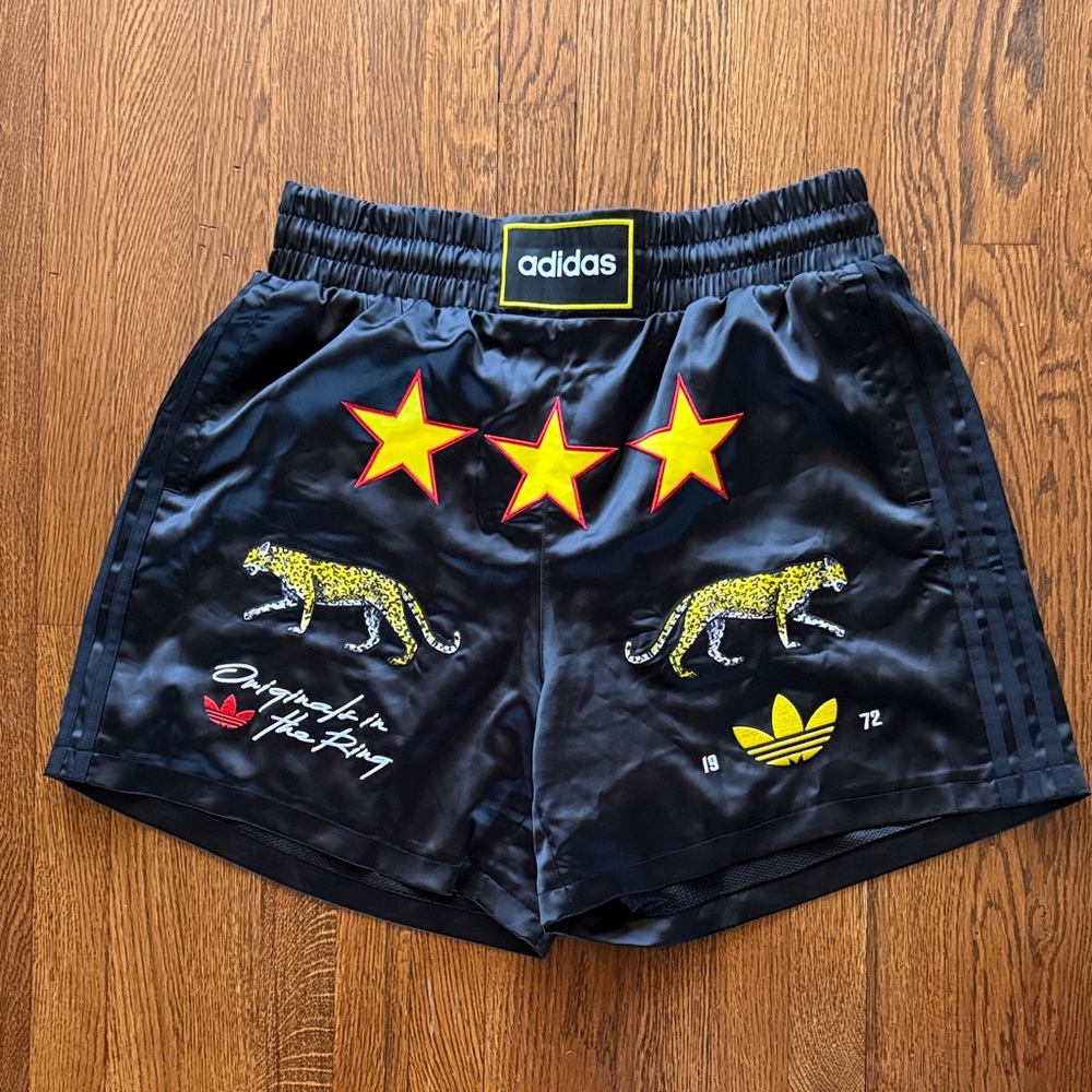 adidas Black Shorts with Yellow & Red Star and Leopard Graphics